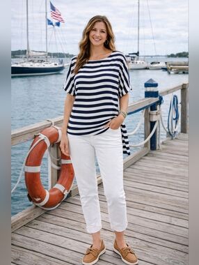 Michael Kors Nautical Striped Side Tie Blouse Blue & White Boatneck Top Medium